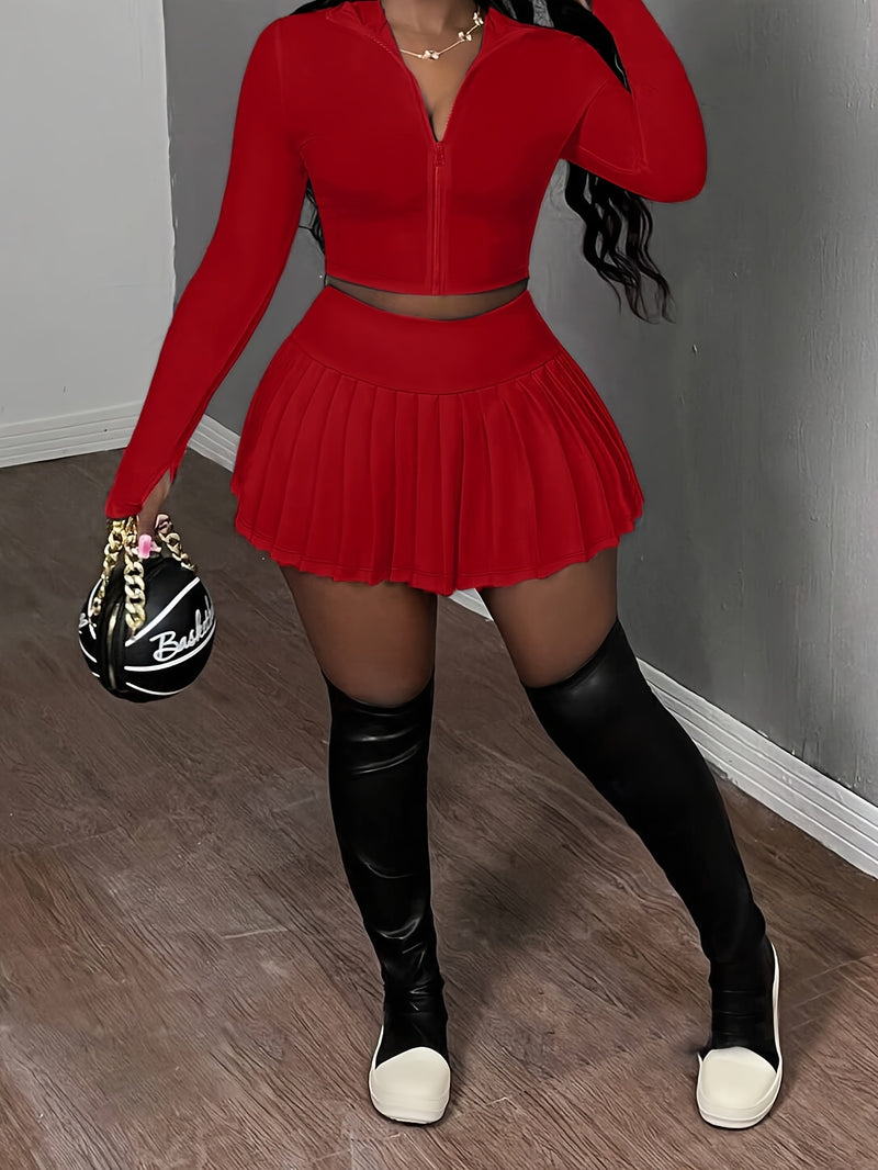 2pcs Women'S Casual V-Neck Zip-Up Top And Pleated Mini Skirt Set.