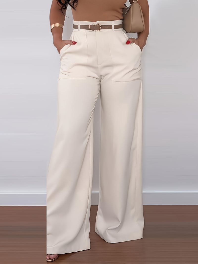 Women's Long Pants, Solid Color High-Waisted Wide-Leg Casual Elegant.