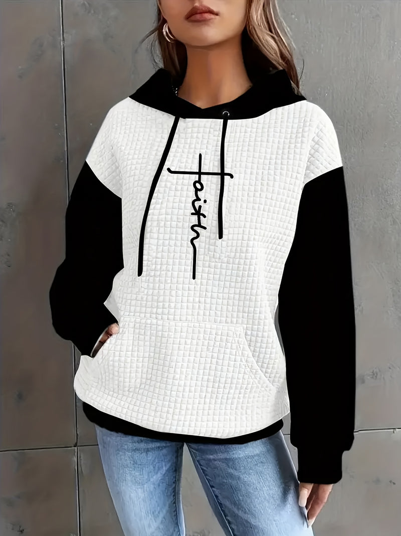 Women's Casual Oversized Hoodie with Checkered Texture & Letter Print.