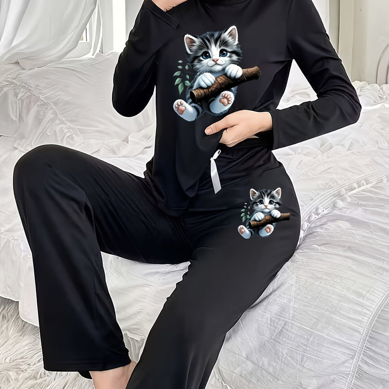 Women's Home Clothing Two-Piece Set with White Bow, Autumn And Winter.