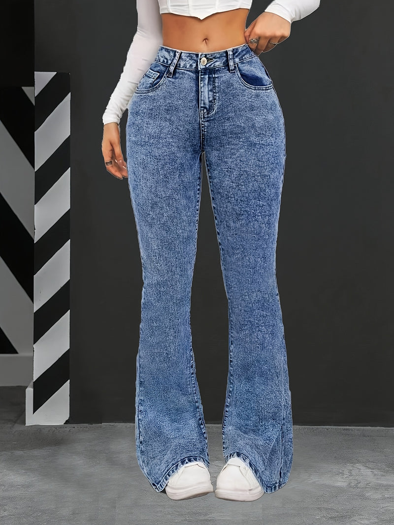 Women’s Blue Snowflake Stretch Fashion Flared Jeans.