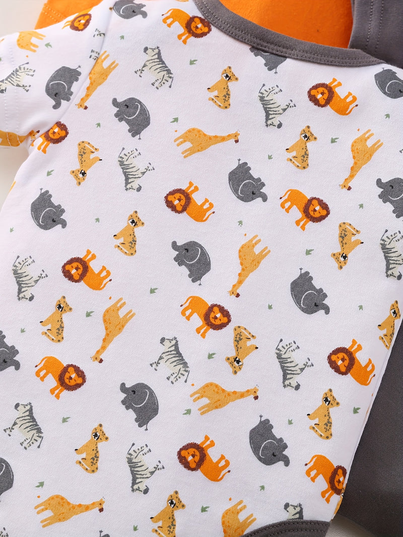 5pcs Set for Baby Boys Featuring a Cartoon Orange Lion Print.