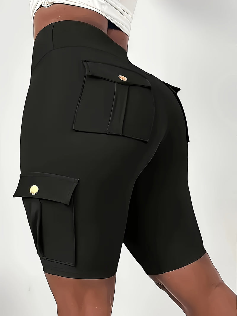 High-Waist Women's Solid Color Athletic Yoga Cargo Shorts for Exercise & Fitness.