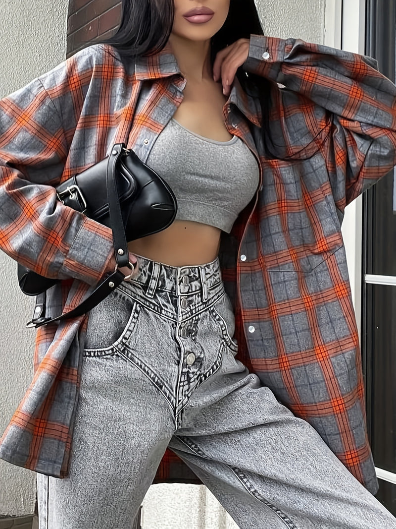 Spring Plaid Long-sleeve Pocket Women's Blouse.