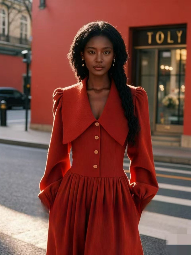 Women’s  Spring Slim-Fit Petite Red Collared Dress.