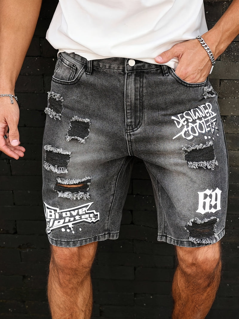 Men'S Casual Distressed Denim Shorts with "DESIGNER COOL" Print - Black & Gray.