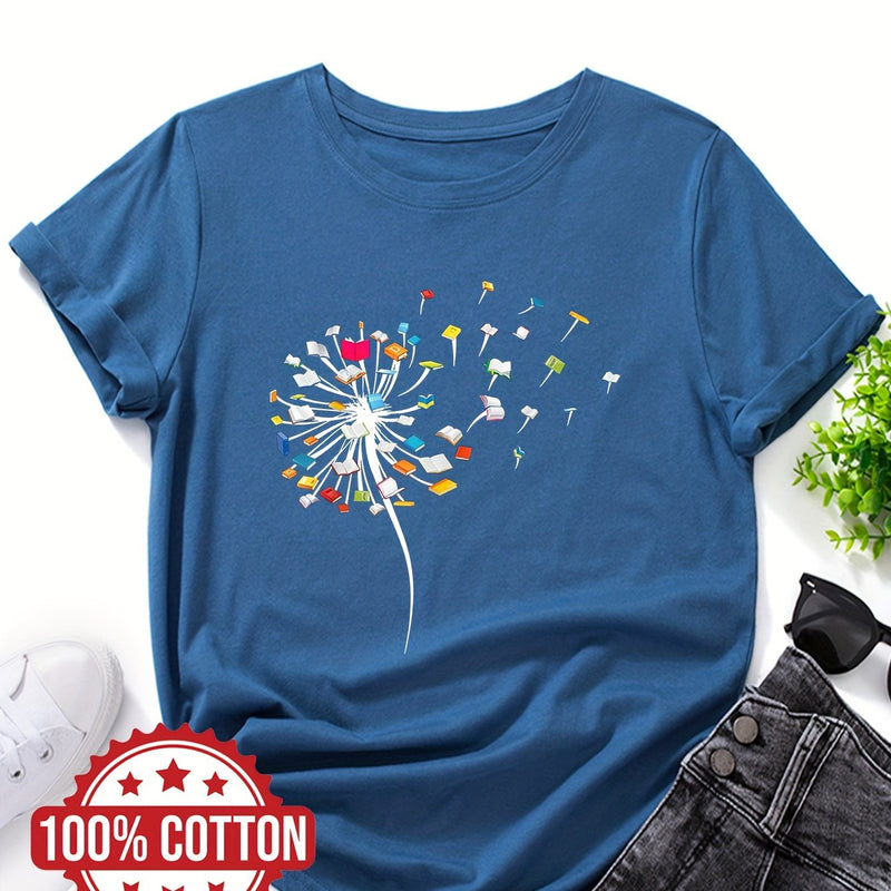 Women's "Dandelions and Books" Graphic T-Shirt.
