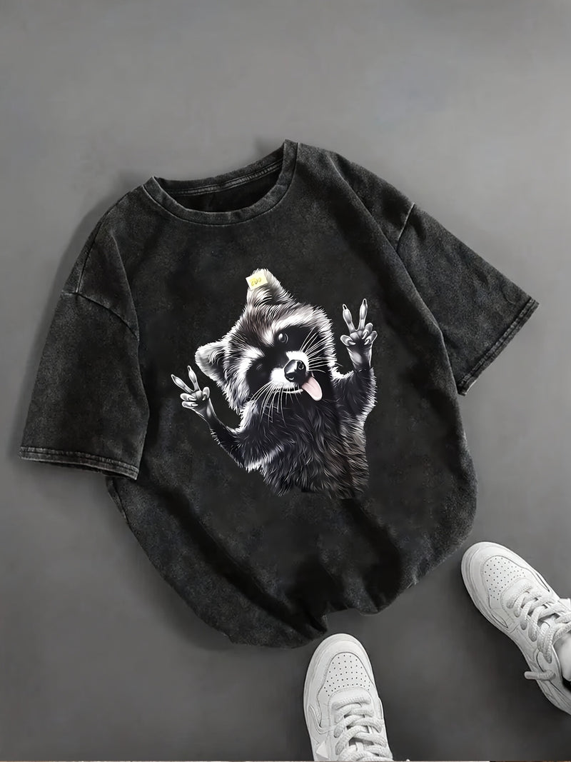 Women’s Vintage Raccoon Face Graphic T-Shirt.