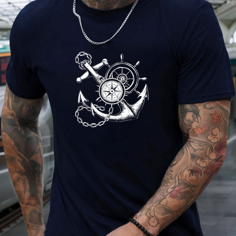 Men's Casual Summer T-Shirt with Anchor and Compass Graphic.