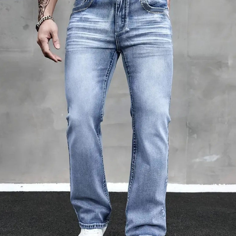 Men's Stretch Simple Straight-Leg Jeans in Light Blue.