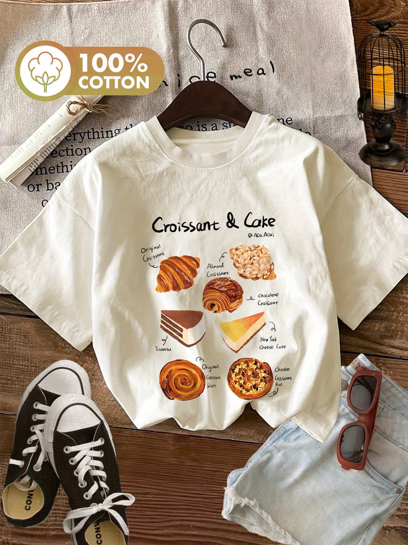 Women's Croissant & Cake Graphic T-Shirt.
