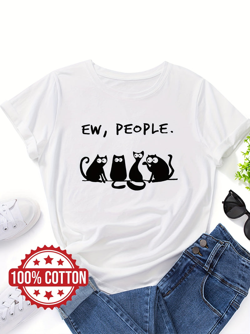 Women’s cat Print Ladies' T-shirt Casual Top for Summer & Spring.