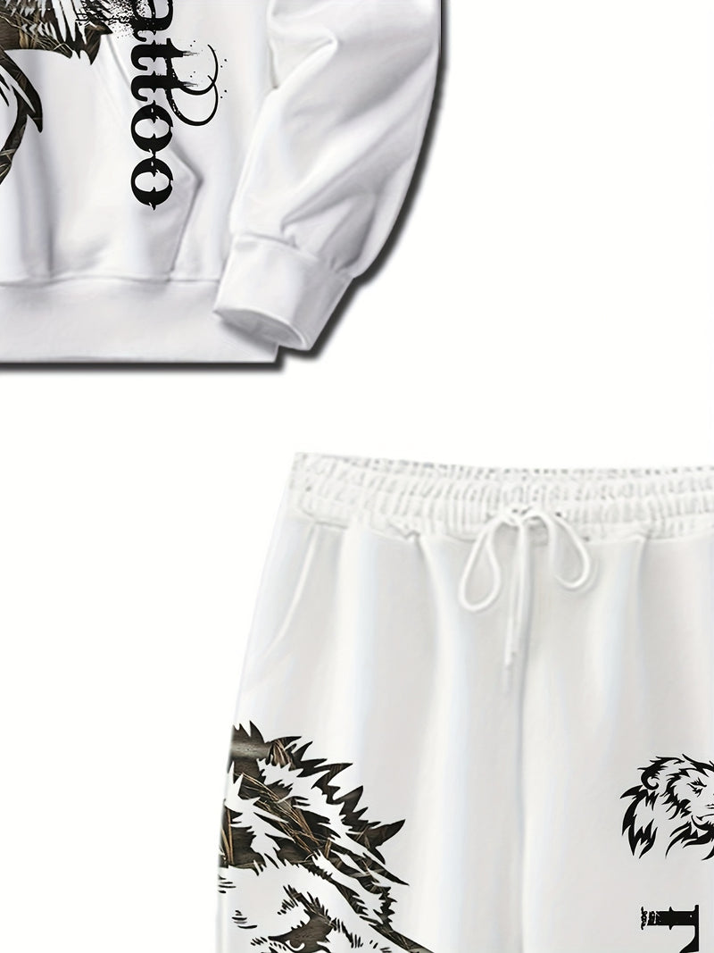 Polyester Hooded Tracksuit Set for Men - Casual Geometric Lion Print.