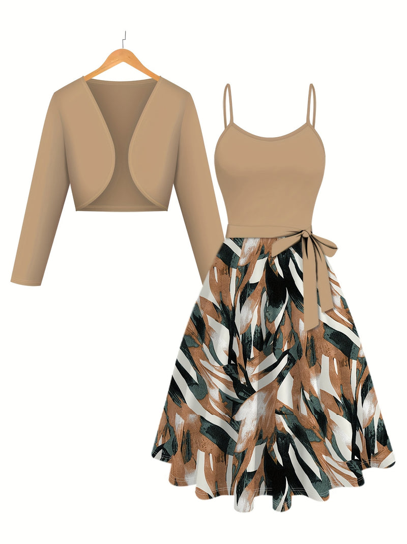 Two-Piece Women's Outfit Featuring a Stylish Solid Color Cardigan.