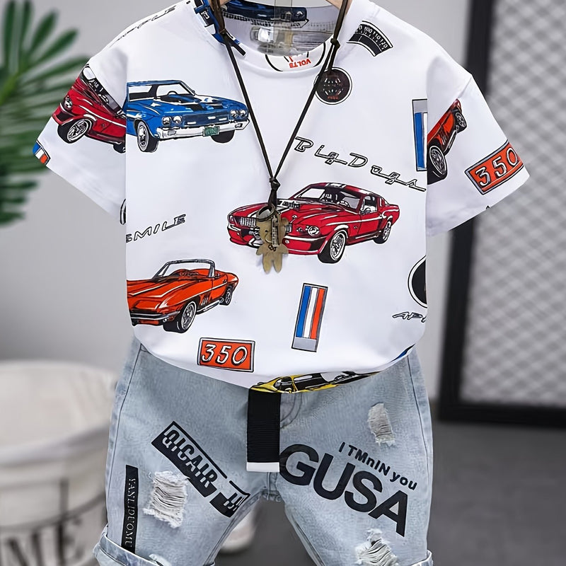 Boys' Outdoor Casual Fashion Summer Short Sleeve T-Shirt and Shorts Set with Car Print.