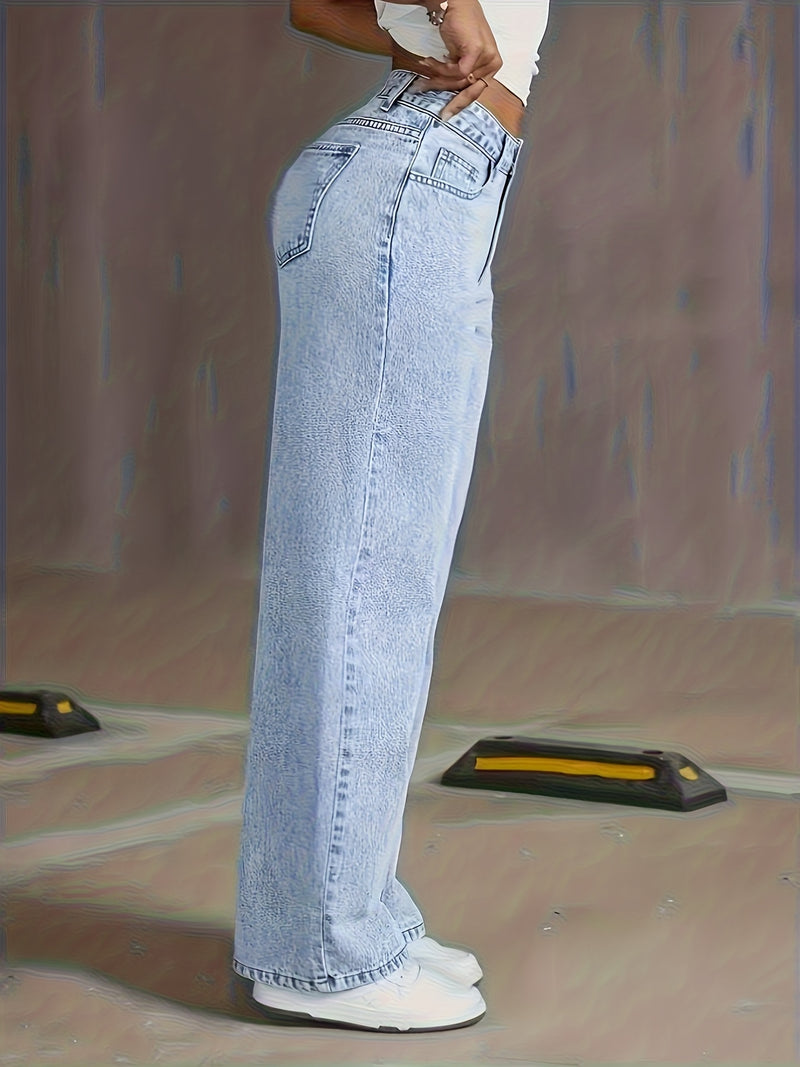 Women's Mid-Rise Wide-Leg Jeans with Elastic Back Waistband.