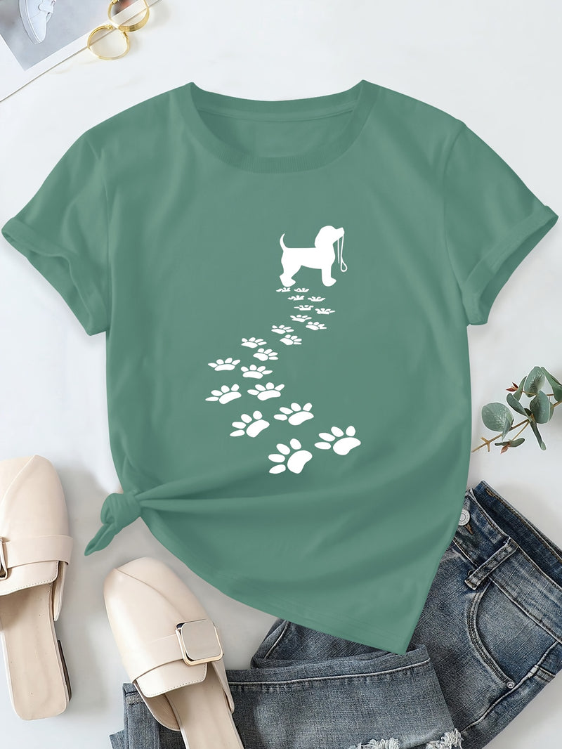 Women's Casual Short Sleeve T-Shirt with Dog Silhouette & Paw Print Graphic.