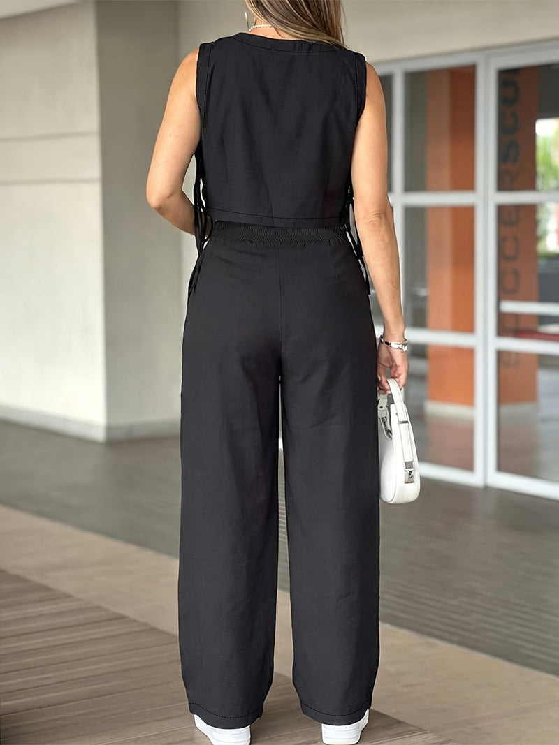 Women’s Elegant Solid Color Set with Side Lace-up Details.