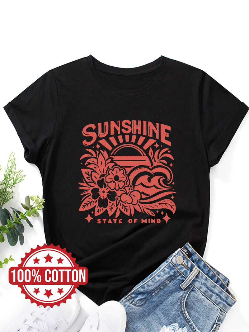 Women's Casual Crew Neck T-Shirt with "SUNSHINE" Graphic Print.