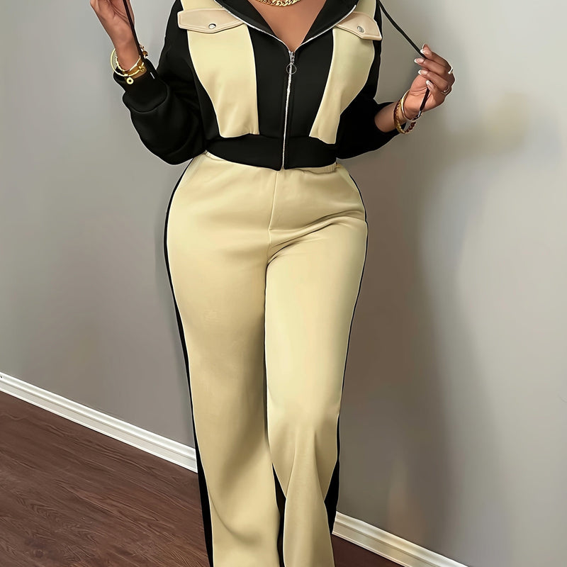 Women’s Fashion Color Block Hooded Sweatshirt and Pants Set.