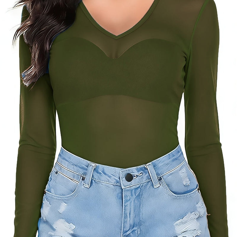 Women's Mesh Solid Color Sheer Sexy Stretchy Bodycon Thin Long-Sleeve Top.