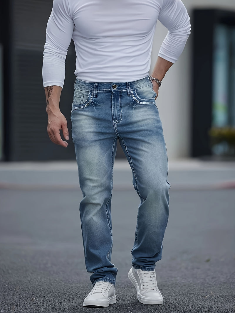 Men's Classic Embroidered Stretch Denim Jeans with Thick Lines.