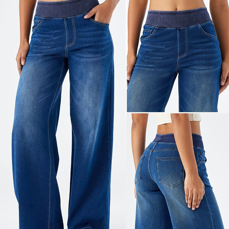 Women's Elastic Waist High-Waisted Wide-Leg Jeans.
