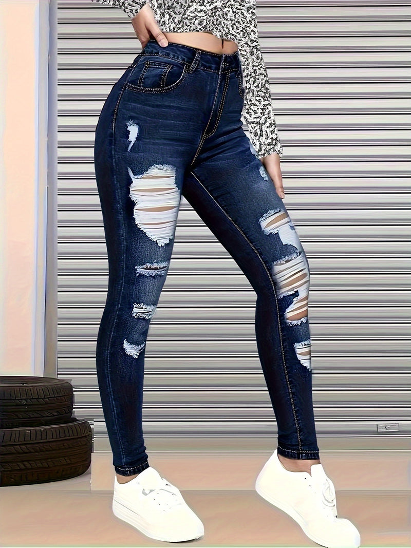 Women's Blue Distressed Skinny Jeans, Ripped Washed Denim Pants.