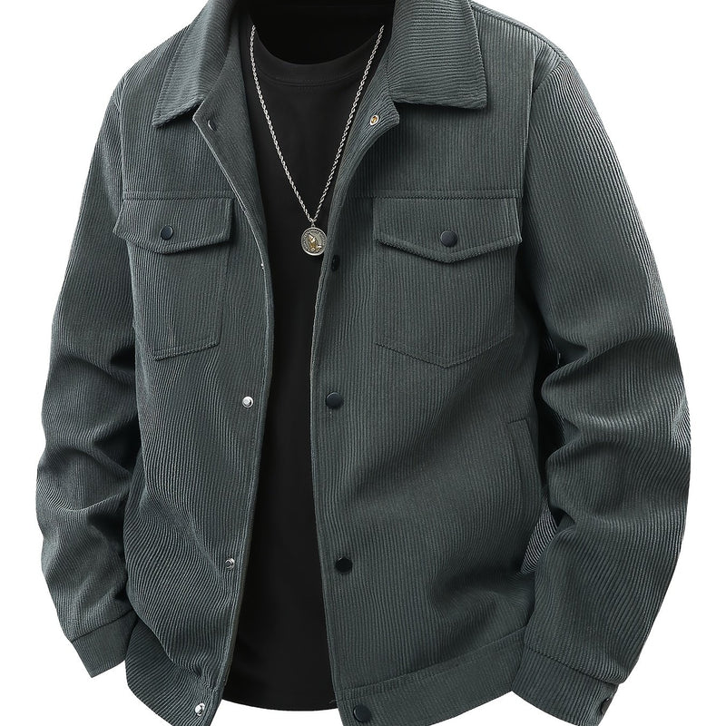 Men's Corduroy Cargo Jacket with Multiple Pockets - Polyester Casual Workwear.
