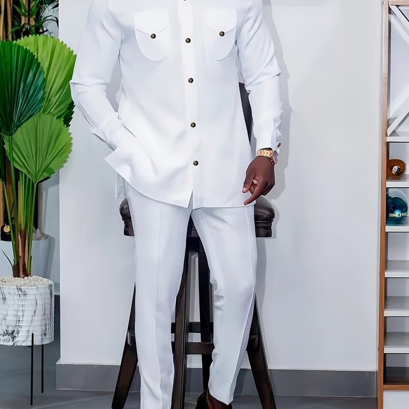 Men's Business Suit Set: Button-Up Cardigan + Drawstring Pants.