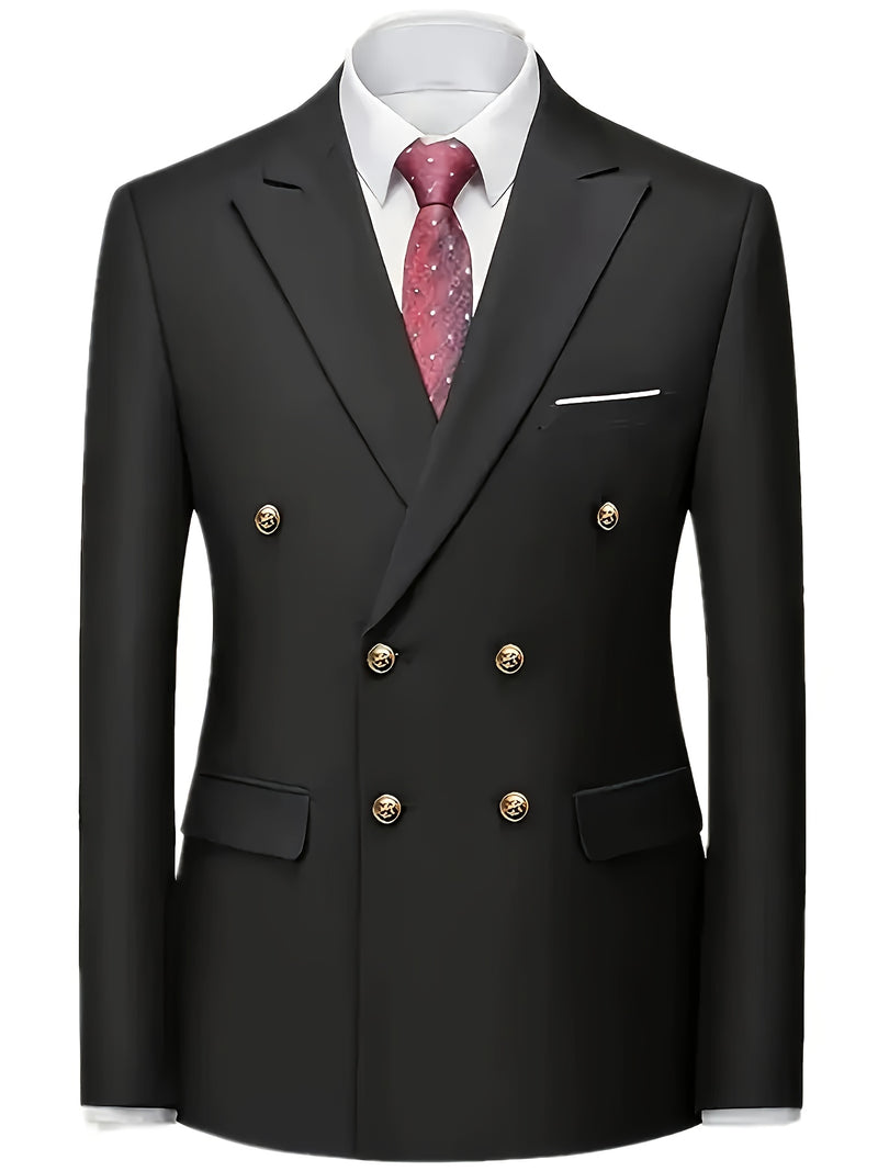 Men's 2pcs Suit, Double-Breasted Notch Lapel Solid Color Blazer and Pants Set.