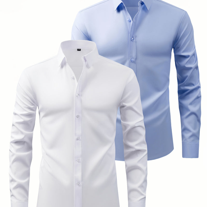 Two-Piece Set of Men's Solid Color Elastic Shirts.