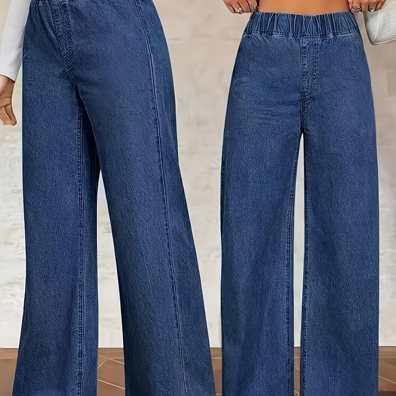 Women's Washed Casual High-Waisted Elastic Waistband Blue Jeans.