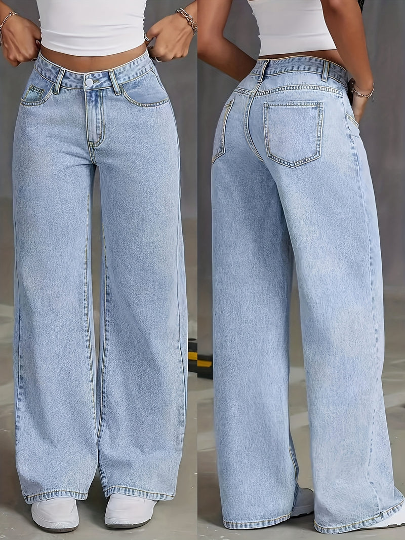 Women's High-Waisted Minimalist Versatile Vintage Wide-Leg Jeans.