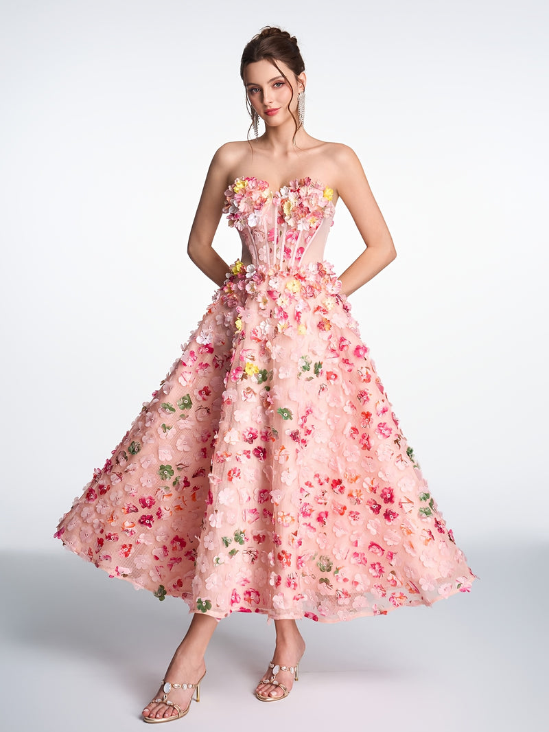Women's Strapless 3D Floral Embellished Pink Tulle A-Line Midi Gown.