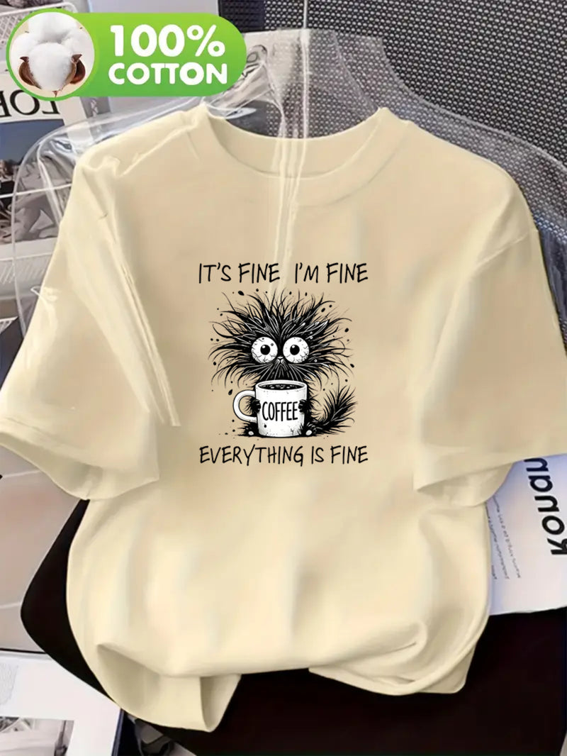 Women's Cat Print Round Neck Short Sleeve T-Shirt.