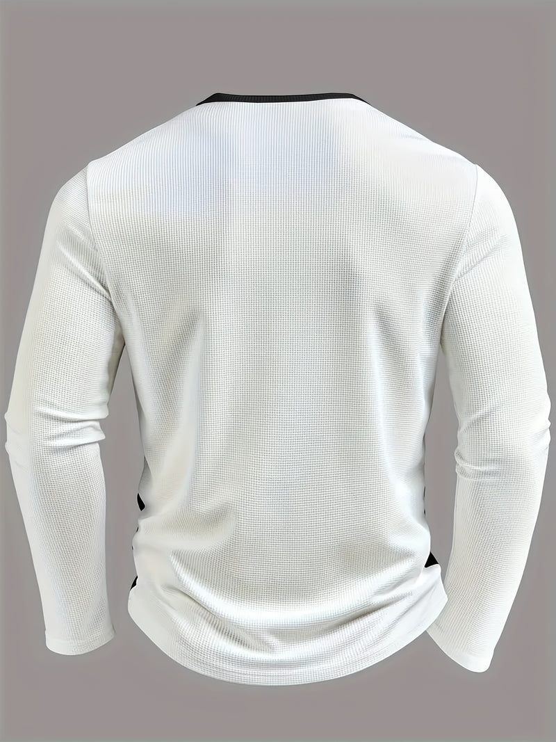 Men's Fashion Waffle Knit Color Block Button-Up Long Sleeve.