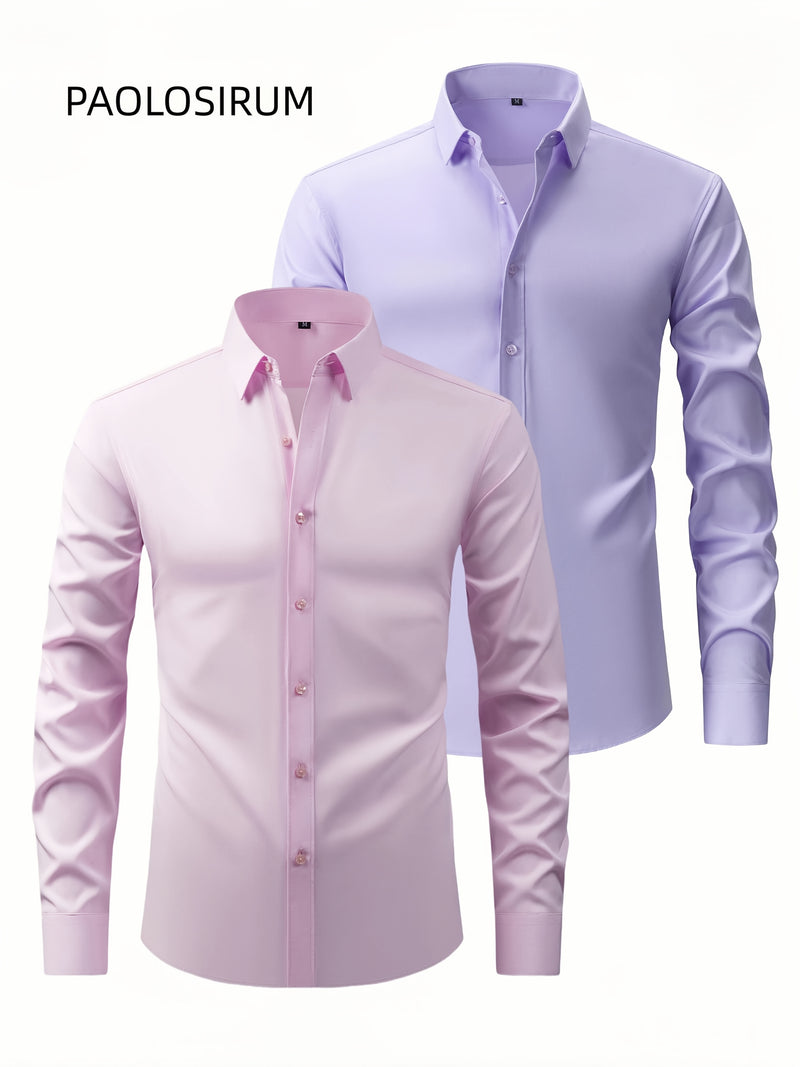 Two-Piece Set of Men's Solid Color Elastic Shirts.