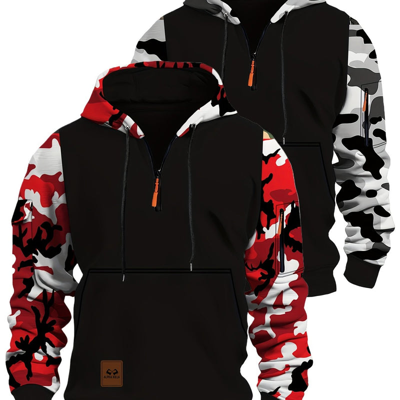 Men’s A Set of Two Trendy Camouflage Hoodies with a Half-Zip Design.
