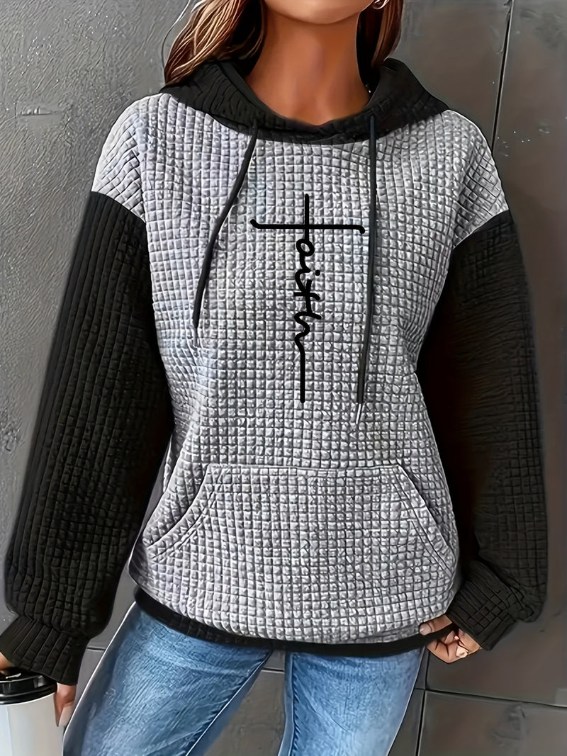 Women's Casual Oversized Hoodie with Checkered Texture & Letter Print.