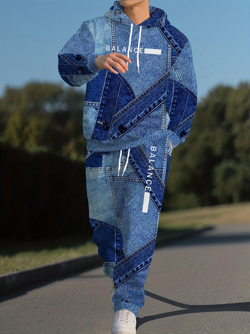 New Blue Denim Patchwork Style Pattern Digital Print Sportswear Set Hooded.