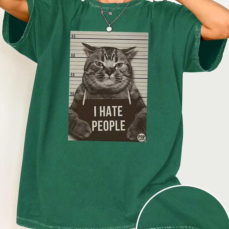Cat Print Loose Round Neck Fashion Women's Wash Short Sleeve.