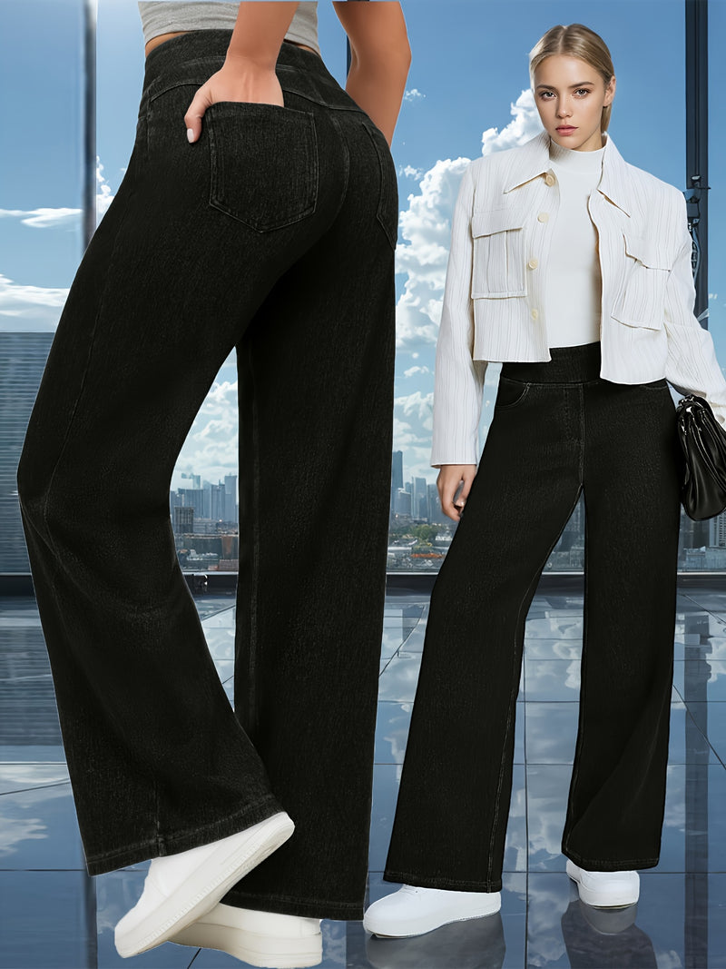 Black Trendy Elastic Waist Straight-Leg Flared Jeans for Women.