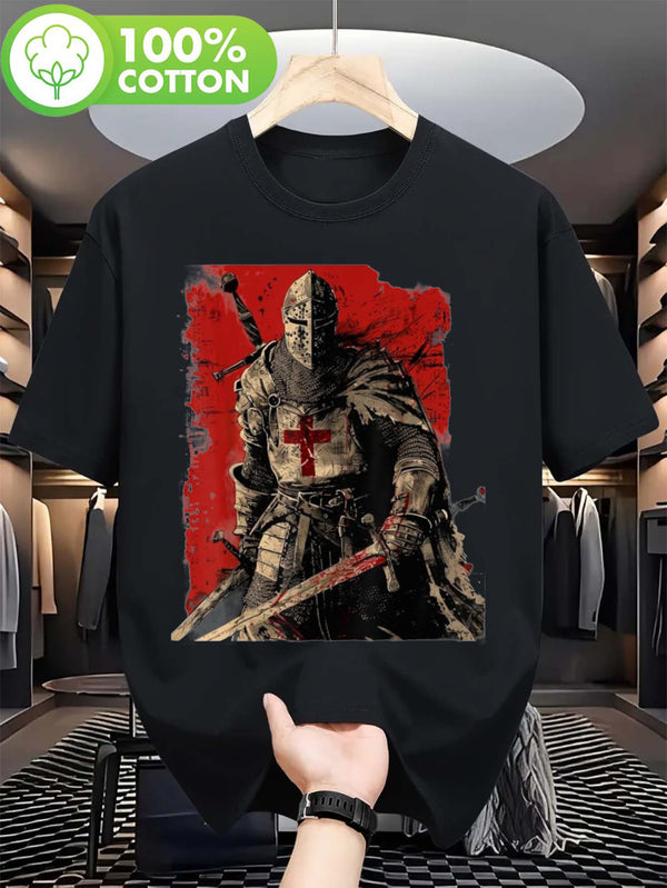 Men’s T-Shirt - Black Templar Knight with Sword & Cross Design.