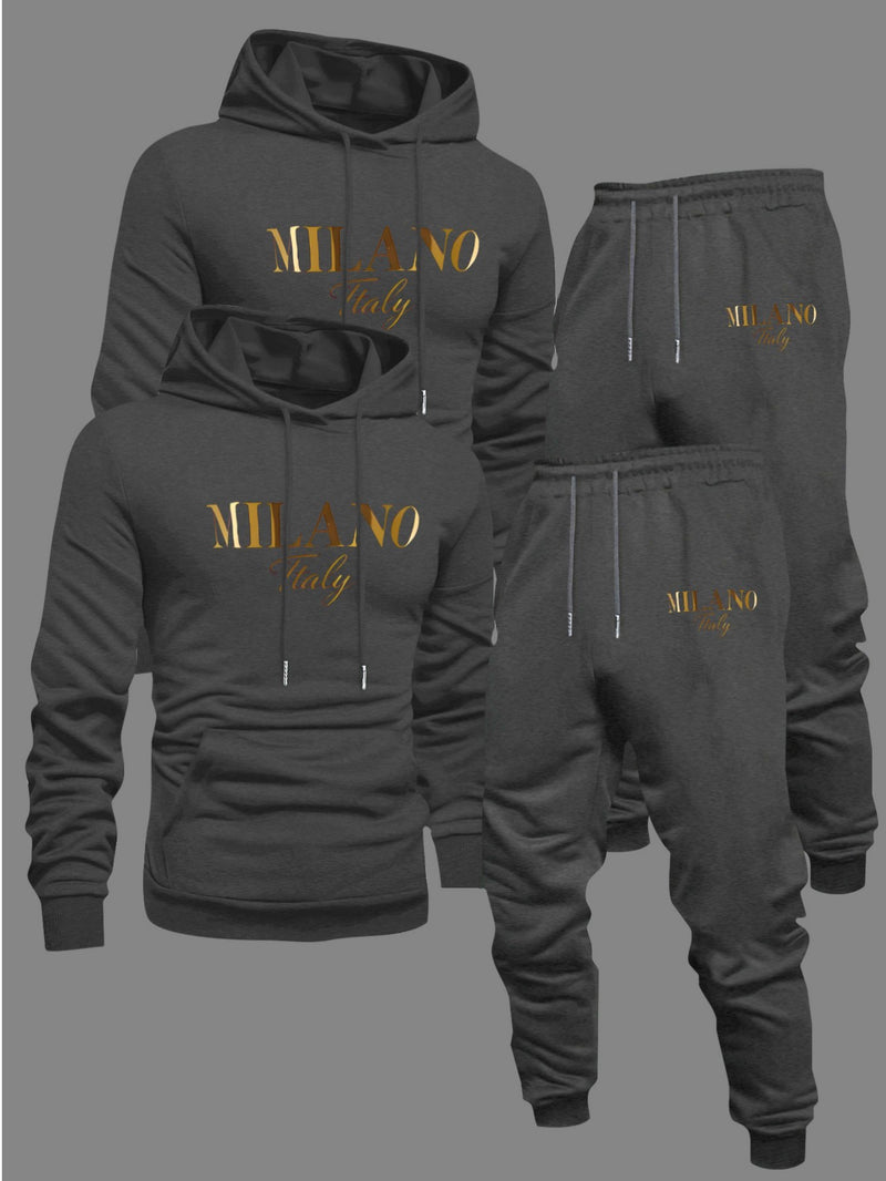 Men's Fashion Slogan Hoodie Four-Piece Set with Drawstring Elastic.
