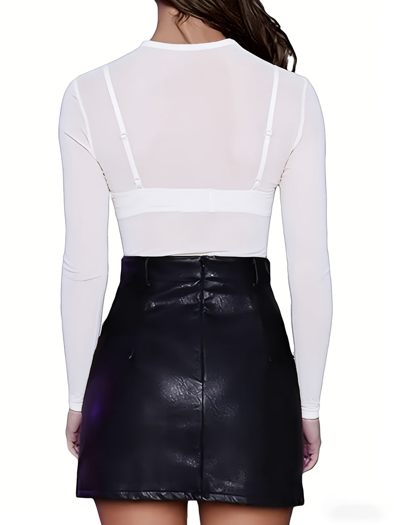 Women's Mesh Solid Color Sheer Sexy Stretchy Bodycon Thin Long-Sleeve Top.