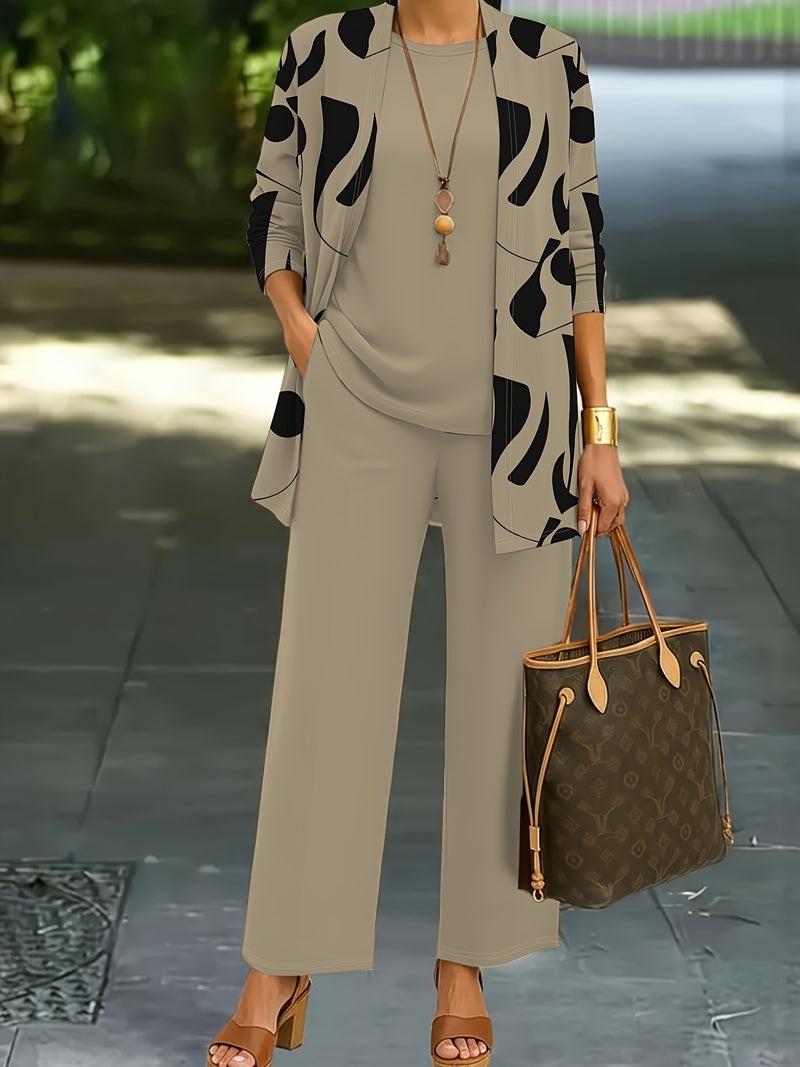 3pcs Women's Set: Abstract Print Cardigan with Vest Top and Elegant Casual Pants.