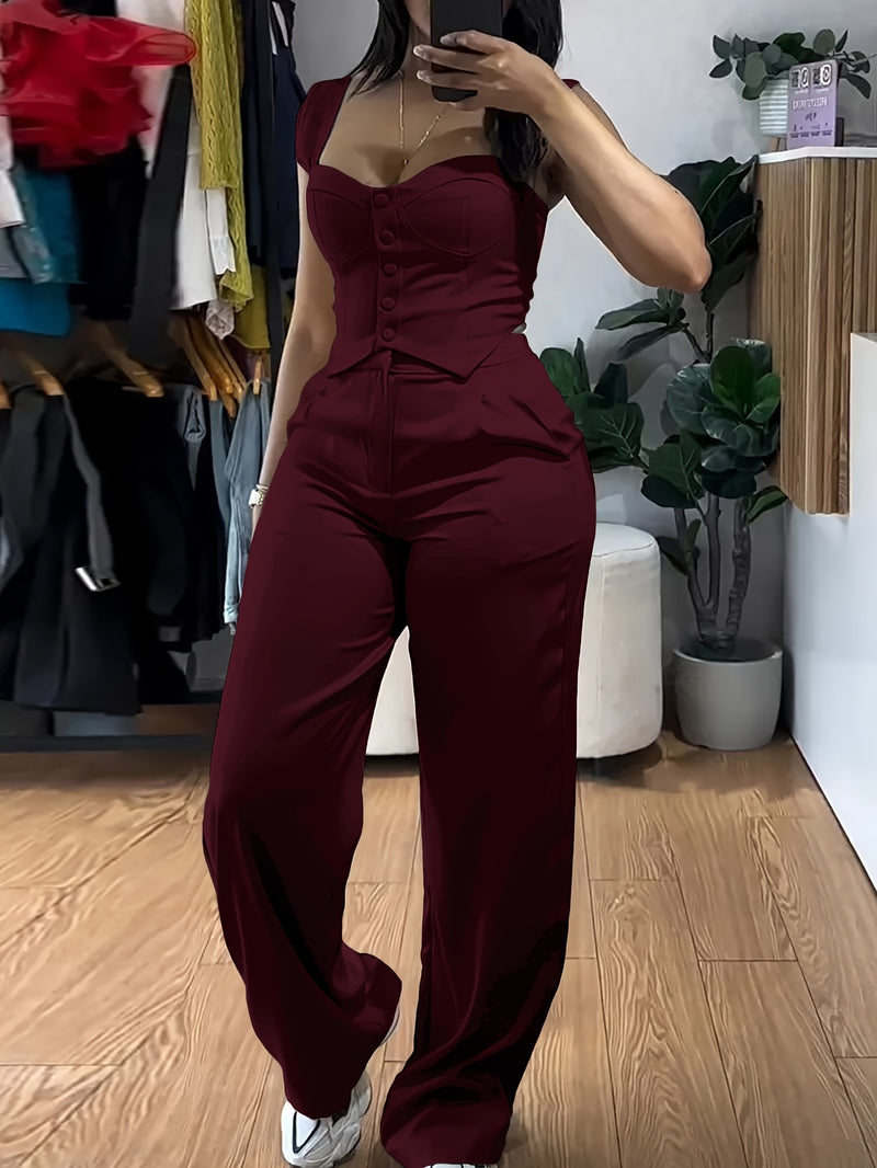 Women’s Elegant Two-Piece Set with Thick Straps And Buttoned Front.