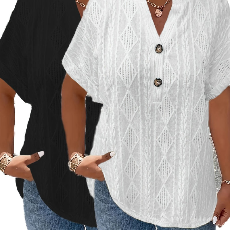 Women's Short-Sleeve V-Neck Solid Color Jacquard Hollow-Out Two-Piece T-Shirt.