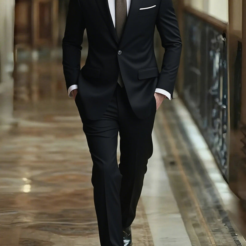 2pcs Men's Slim-Fit Black Suit Set.